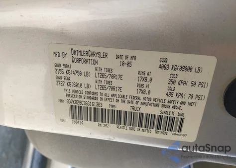 2006 Dodge Ram 2500 Slt z USA, uszkodzony, nr VIN 3D7KR29C36G161363